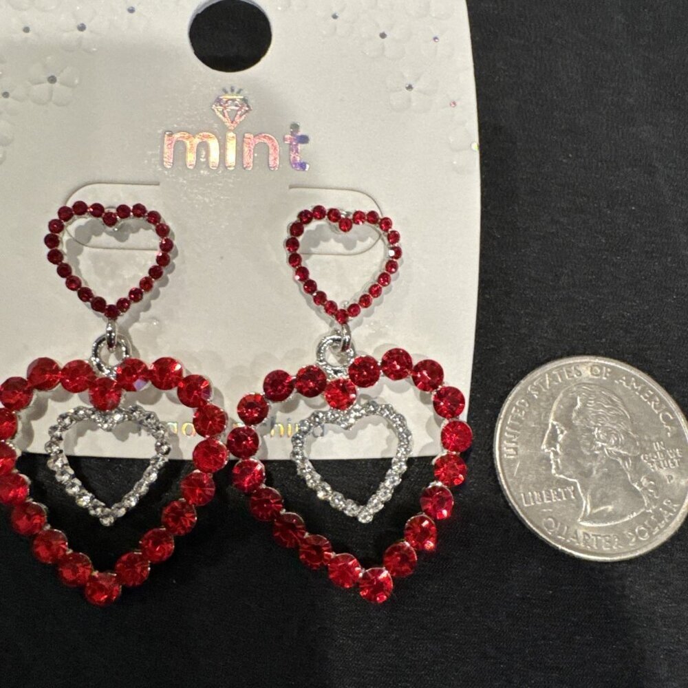 Mint Red SIlver Rhinestone Heart Dangle Earrings NEW
